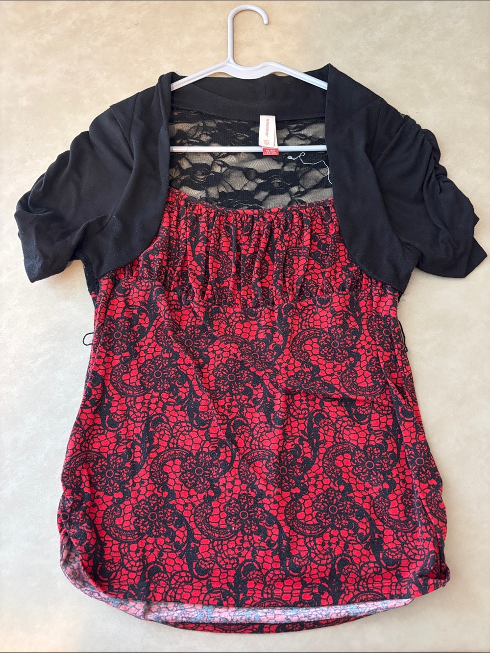 No Boundaries Red & Black Lace-Overlay Tunic Top